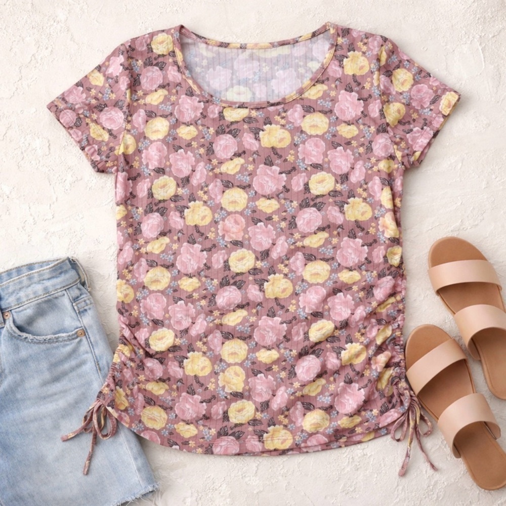 Full Circle Comfy Tee Shirt Pink Yellow Round Neck Size Ties Stretch Size XL